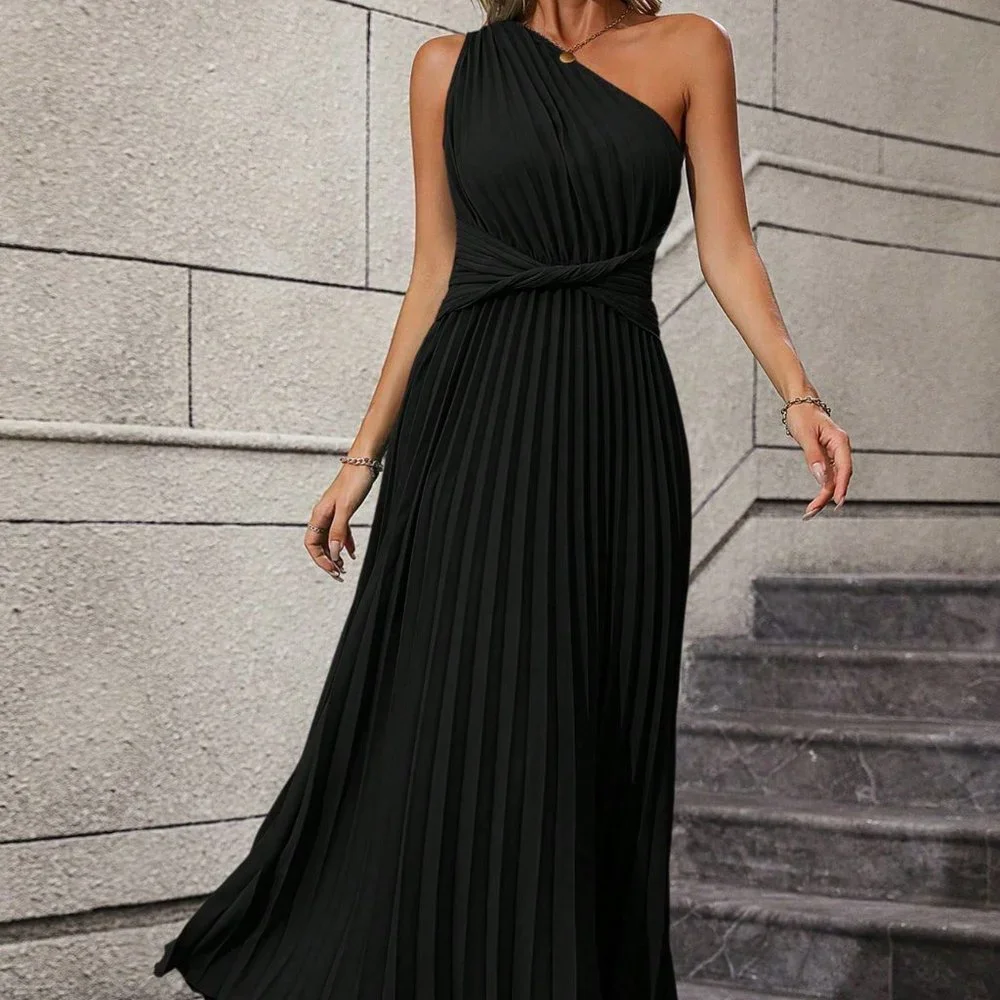 Black Casual Womens One Shoulder Twist Front Pleated Hem Dress - Picture 4 of 5